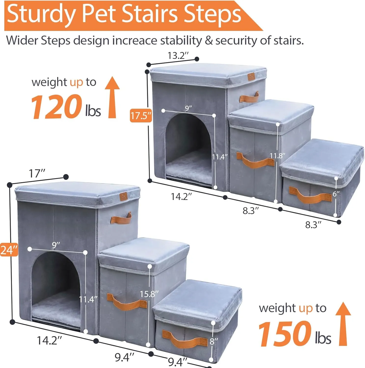17" H Dog Stairs for High Beds Up to 25" H - Pet Steps for Small Medium or Large Dogs, Foldable Cat Stairs for Old Cats with Storage & Condo, 3-Step Pet Stairs for Couch & Window Sill