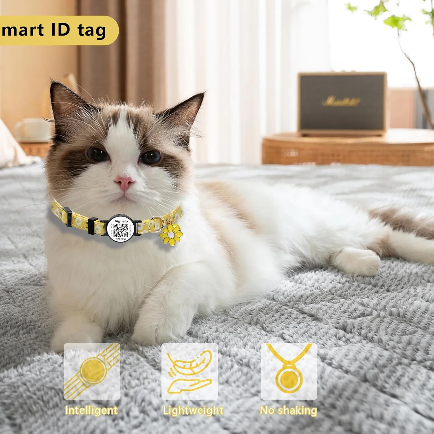 2 Pack Cotton Breakaway Cat Collar with Smart ID tag, Flowers Pendant Cute Cat Kitten Collar,QR Code Ideal for Girl Cats Boy Cats, with Bell with Smart QR ID Name Tag (Yellow&Green/No AirTag Holder)