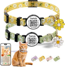 2 Pack Cotton Breakaway Cat Collar with Smart ID tag, Flowers Pendant Cute Cat Kitten Collar,QR Code Ideal for Girl Cats Boy Cats, with Bell with Smart QR ID Name Tag (Yellow&Green/No AirTag Holder)