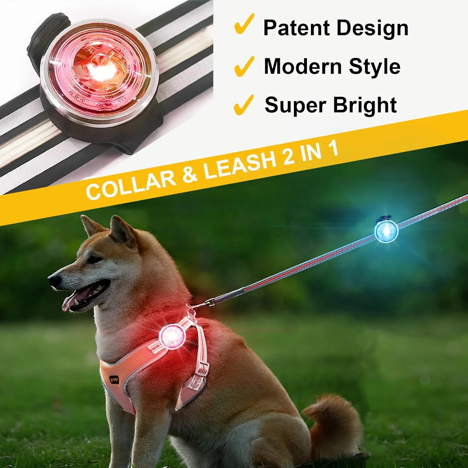 2-Pack Dog Lights for Night Walking, Upgraded 8 Modes Rechargeable Dog Collar Lights for Nighttime Clip On, IP66 Waterproof and Silicone Band Safety Lights for Dog Collars