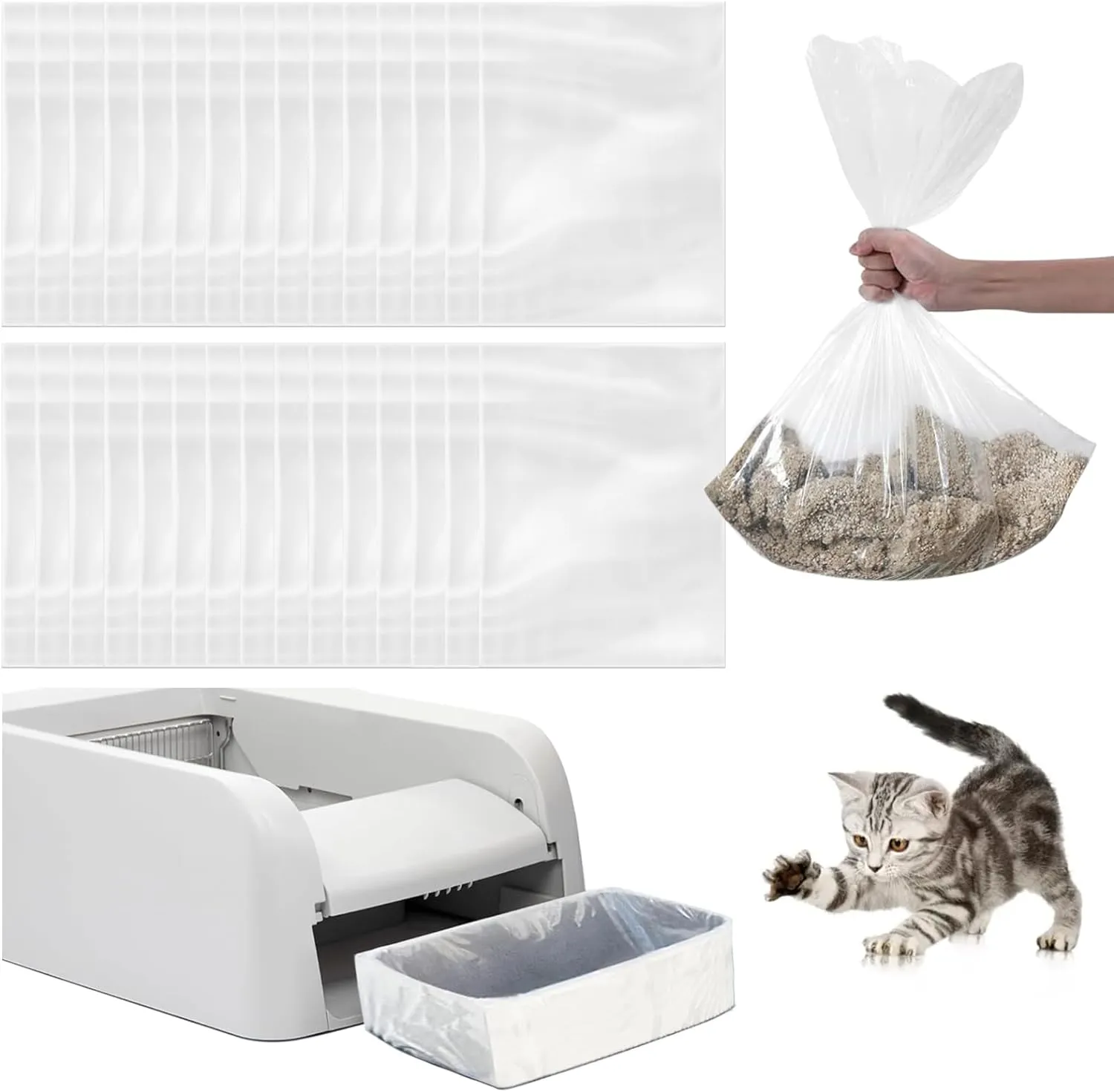 30 Pack Cat Litter Bags,No-Touch Kitty Litter Liners & Pet Waste Bags Compatible with Petsafe Self-Cleaning Cat Litter Box,Replacement Trash Pet Litter Bags