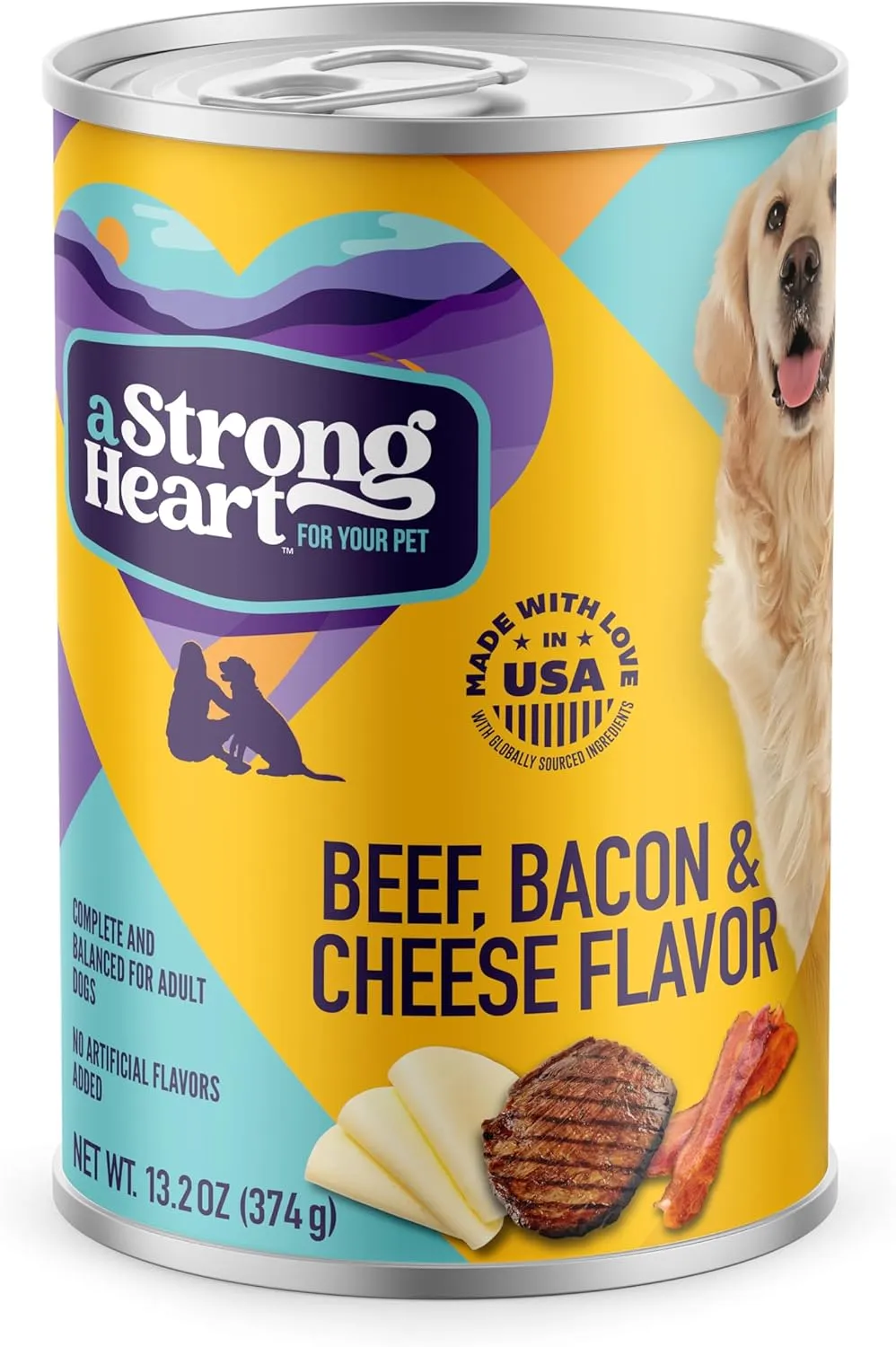 A Strong Heart Wet Dog Food, Beef, Bacon & Cheese Flavor - 13.2 oz Cans (Pack of 12), Made in The USA with Real Beef