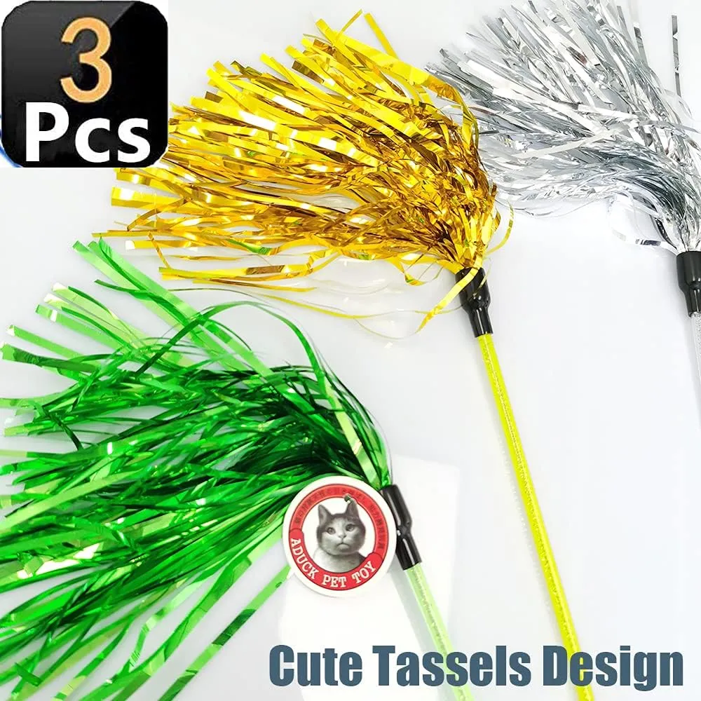 ADUCK Cat Toys Interactive Teaser Wand Toy with Tassels Worms Catcher for Cats Kitten (Pack of 3 Gold   Silver   Green)