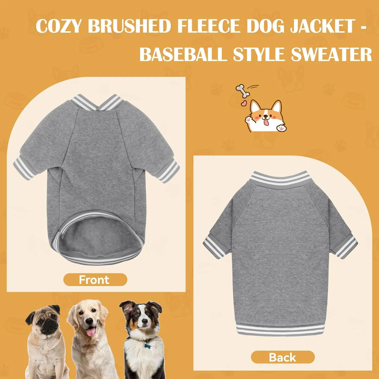 Baseball Jacket Soft Warm Dog Sweatshirt for Small Dogs, Puppy Sweater Boy Girl Pet, Gray-XS