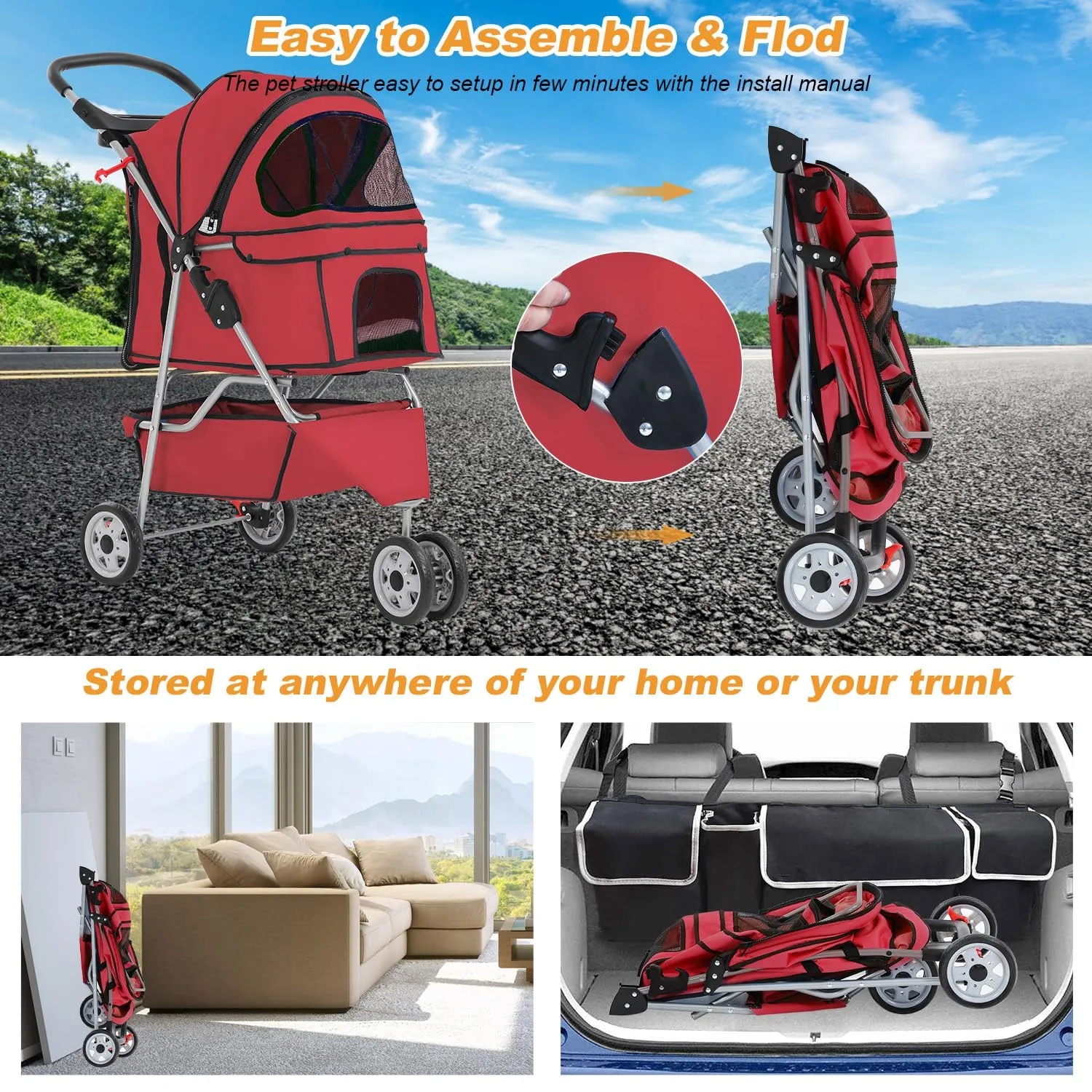 BestPet 3 Wheels Pet Stroller Dog Stroller Cat Cage Jogger Stroller Cats Travel Folding Carrier Waterproof Puppy Stroller with Cup Holder & Removable Liner (Red)