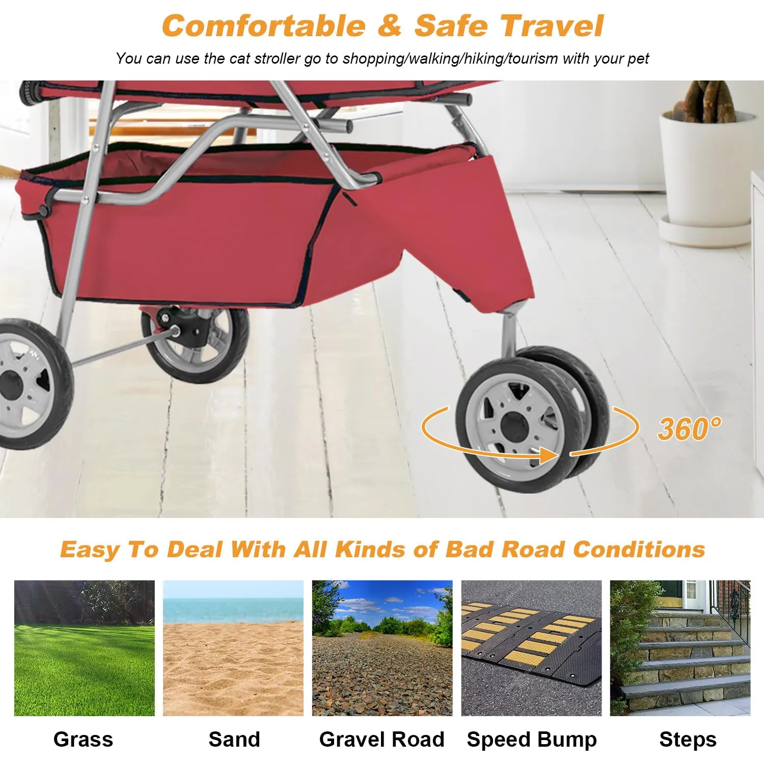 BestPet 3 Wheels Pet Stroller Dog Stroller Cat Cage Jogger Stroller Cats Travel Folding Carrier Waterproof Puppy Stroller with Cup Holder & Removable Liner (Red)
