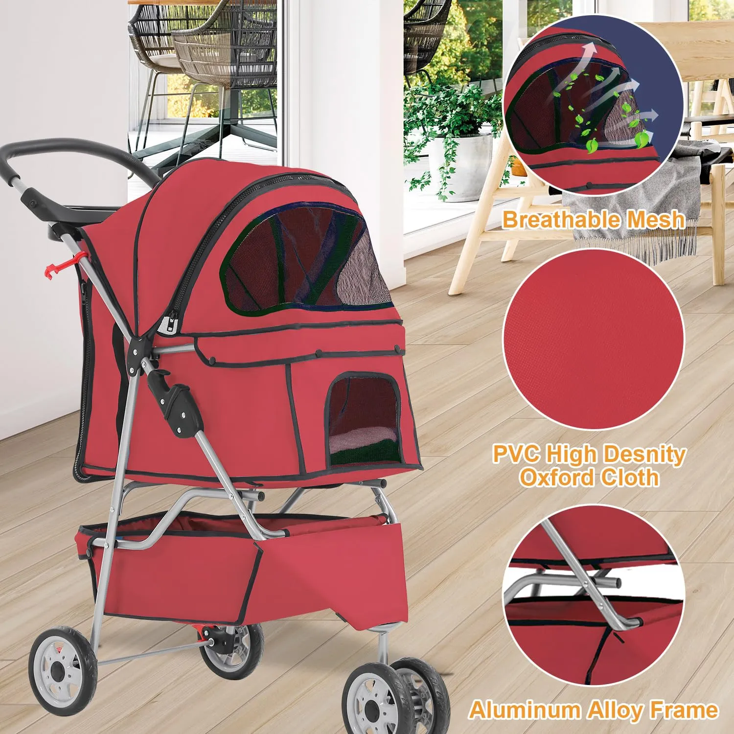 BestPet 3 Wheels Pet Stroller Dog Stroller Cat Cage Jogger Stroller Cats Travel Folding Carrier Waterproof Puppy Stroller with Cup Holder & Removable Liner (Red)
