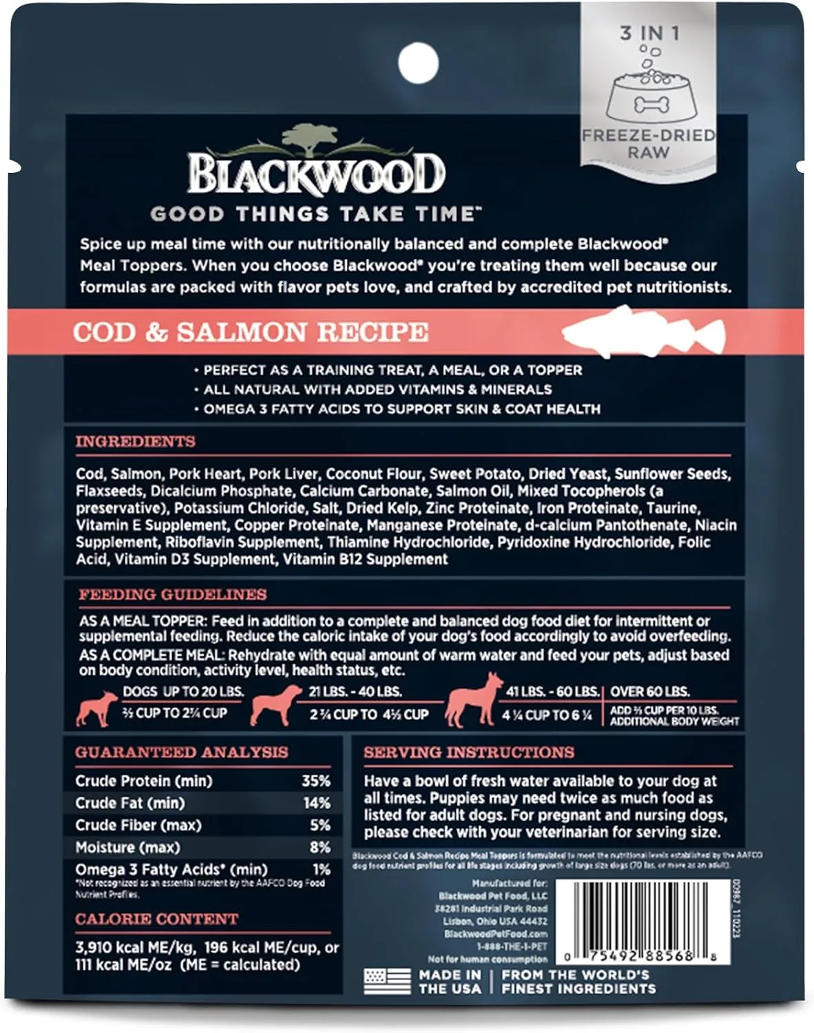 Blackwood Dog Food Topper, Cod and Salmon Recipe, 8 Ounce, High Protein with Omega 3 Fatty Acids, Use as Training Treat, Meal, or Topper