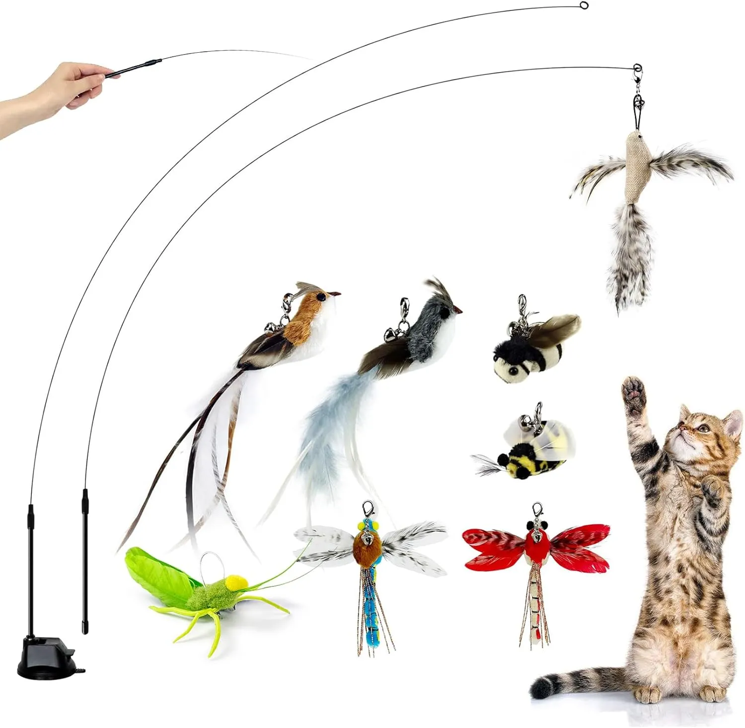 Cat Feather Toys with 1 Suction Cup,2 Cat Wands,8Pcs Birds and Insects Simulation Feather Refills with Bells, Interactive Toys for Indoor Cats and Kitten.