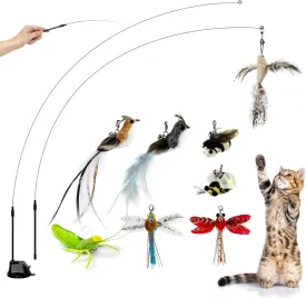 Cat Feather Toys with 1 Suction Cup,2 Cat Wands,8Pcs Birds and Insects Simulation Feather Refills with Bells, Interactive Toys for Indoor Cats and Kitten.