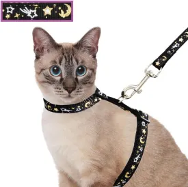 Cat Harness and Leash Set for Outdoor Walking Escape Proof Adjustable Soft Safety Strap with Golden Star and Moon Design Glow in The Dark Black Large
