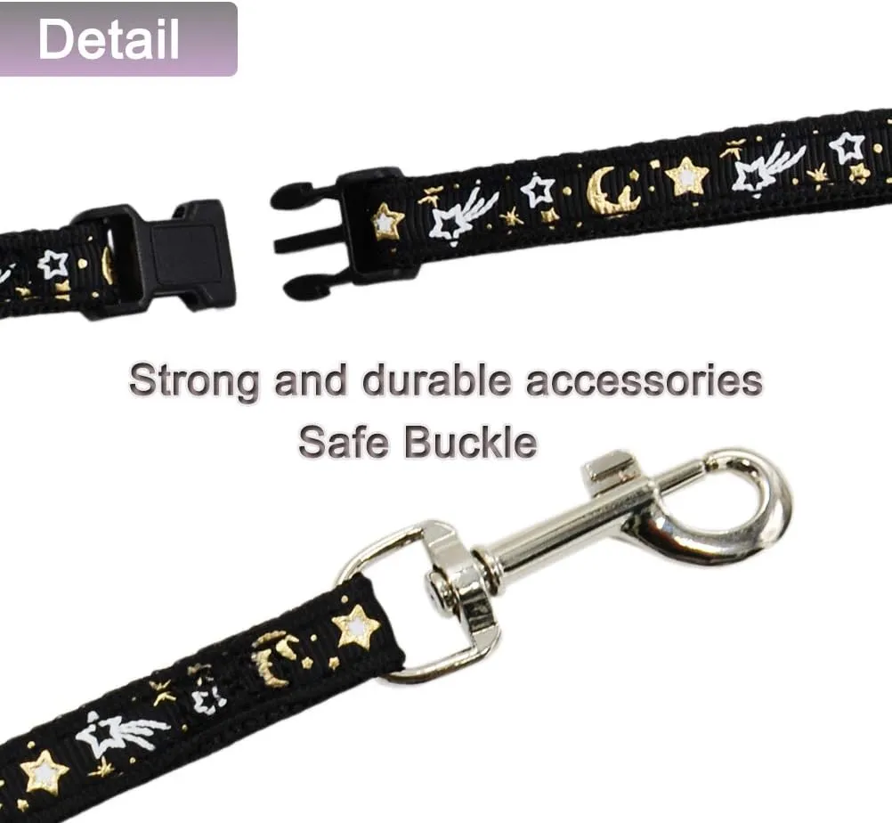 Cat Harness and Leash Set for Outdoor Walking Escape Proof Adjustable Soft Safety Strap with Golden Star and Moon Design Glow in The Dark Black Large