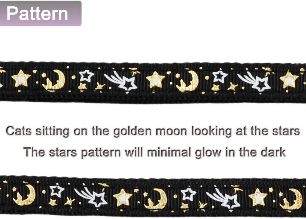 Cat Harness and Leash Set for Outdoor Walking Escape Proof Adjustable Soft Safety Strap with Golden Star and Moon Design Glow in The Dark Black Large