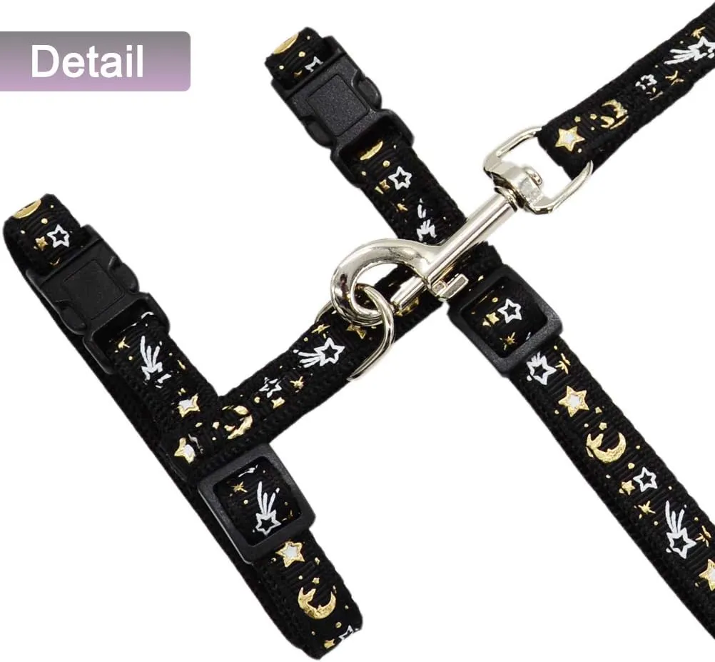 Cat Harness and Leash Set for Outdoor Walking Escape Proof Adjustable Soft Safety Strap with Golden Star and Moon Design Glow in The Dark Black Large