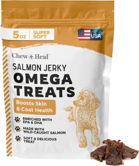 Chew   Heal Labs Omega Salmon Jerky Dog Treats - 5 oz of Soft Wild Caught Alaskan Salmon Jerky for Skin and Coat with Flaxseed, Oat Flour, and More - Made in The USA