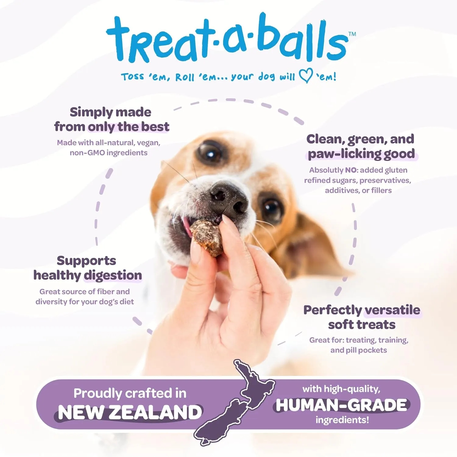 Chewy & Soft Dog Treats, All Natural, Non-GMO, Vegan, Gluten Free, Low Calorie Dog Treats for All Breeds & Sizes - Made in New Zealand, Peanut Butter, Blueberry, Banana 18pk