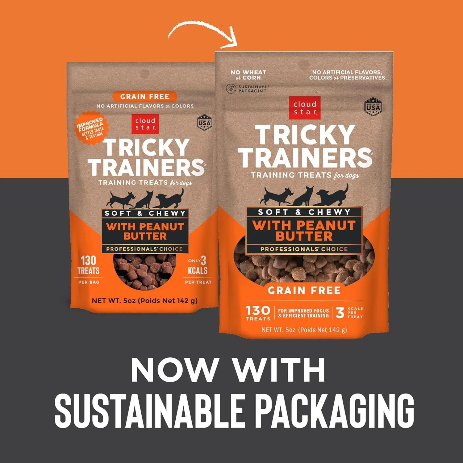 Cloud Star Tricky Trainers Soft & Chewy Dog Training Treats 5 oz. Pouch, Peanut Butter Flavor, Grain-Free Low Calorie Behavior Aid with 130 treats