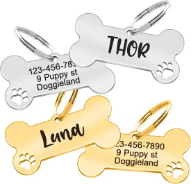 Custom Pet ID Tag, Personalized Cute Silver & Gold Bone & Hollowed Paw Shaped Collar Pendant Engraved Dog Name, Label, Address & Phone, Stainless Steel Shiny Puppies Tags Customizable on Both Sides