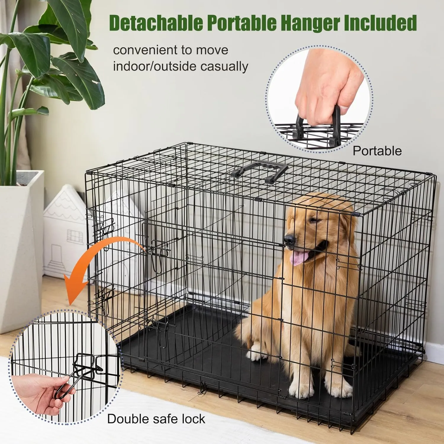 Dog Cage with 2 Doors and Tray, Dog Crate for Indoor & Outdoor, 42 inch, Black