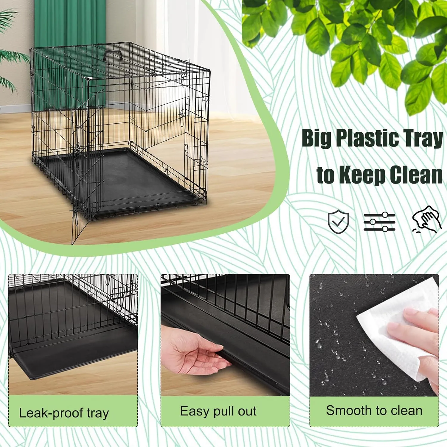 Dog Cage with 2 Doors and Tray, Dog Crate for Indoor & Outdoor, 42 inch, Black