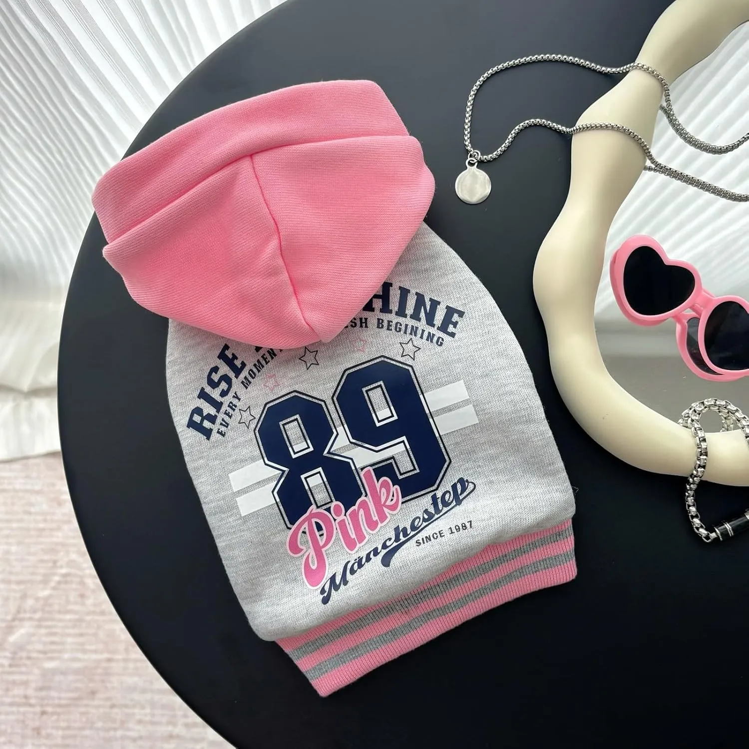 Dog Hoodie with Snap Closure | Sporty Letter-Print Pullover for Small/Medium Dogs, Plush Fleece Cat & Puppy Sweaters for Indoor Photos (Grey Pink, M)