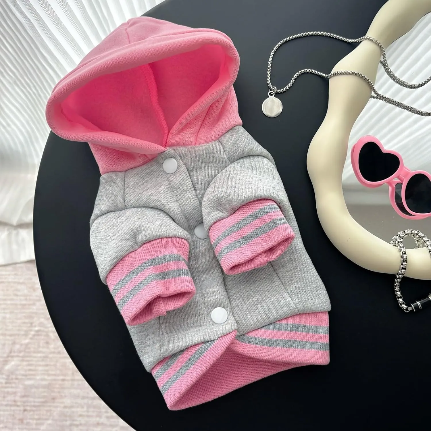Dog Hoodie with Snap Closure | Sporty Letter-Print Pullover for Small/Medium Dogs, Plush Fleece Cat & Puppy Sweaters for Indoor Photos (Grey Pink, M)