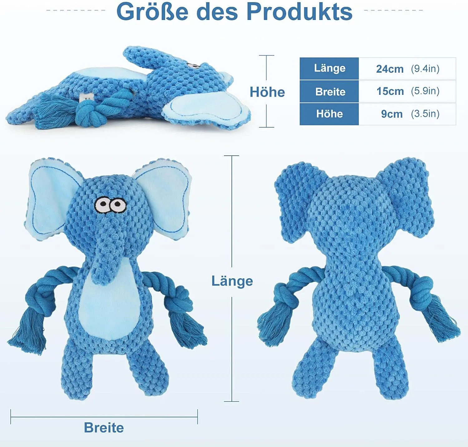 Dog Toys, Dog Squeaker Toys with Crinkle Paper, Stuffed Animal Dog Plush Chewing Toy, Cotton Rope Interactive Toys for Puppy, Small, Middle Dogs (Blue Elephant)