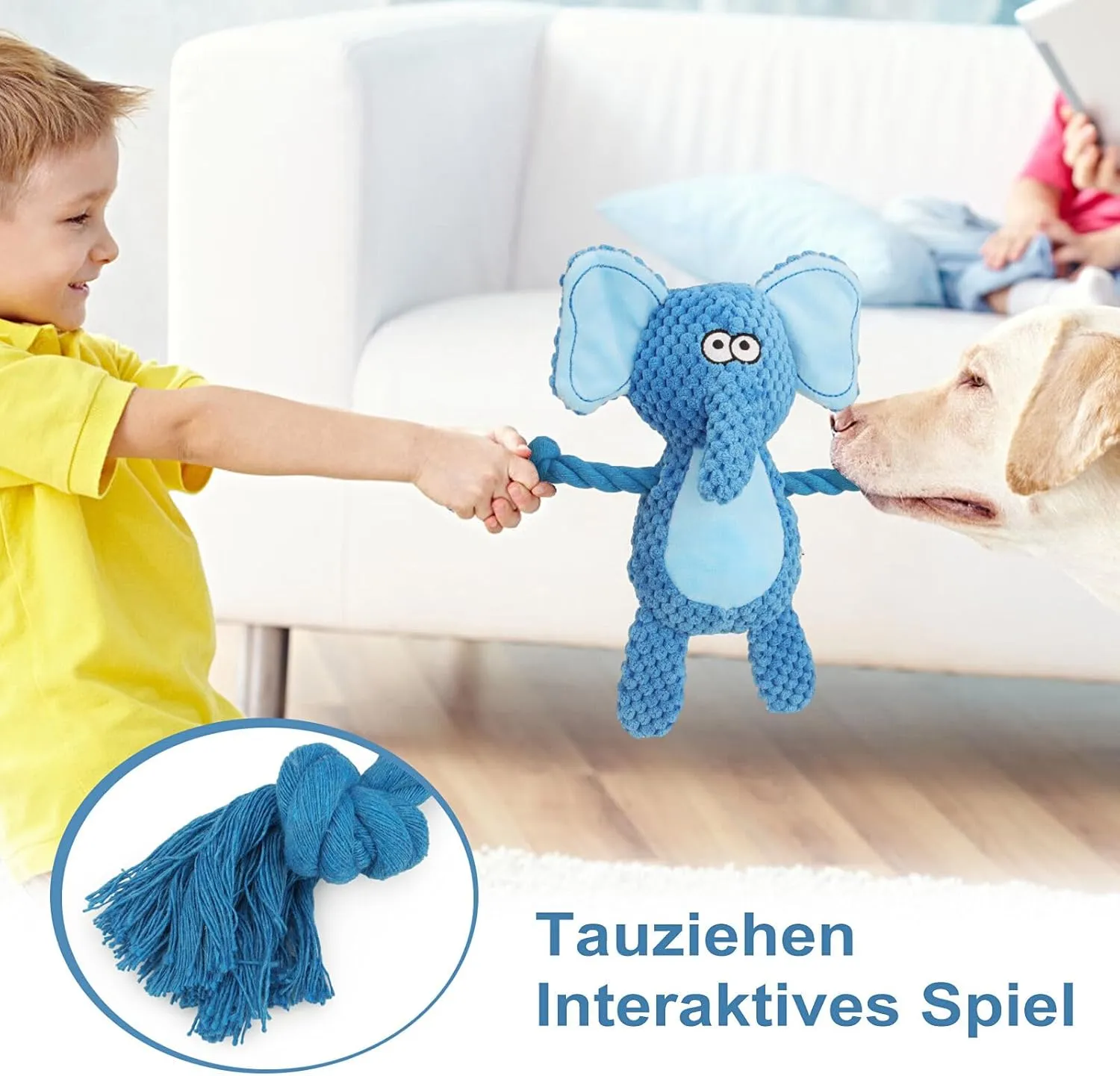 Dog Toys, Dog Squeaker Toys with Crinkle Paper, Stuffed Animal Dog Plush Chewing Toy, Cotton Rope Interactive Toys for Puppy, Small, Middle Dogs (Blue Elephant)