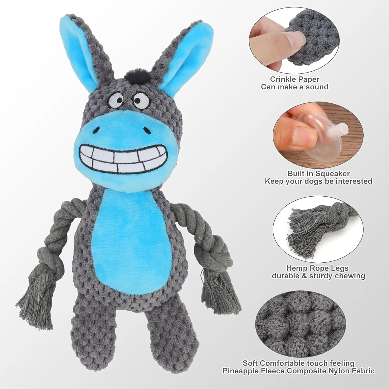 Dog Toys, Dog Squeaker Toys with Crinkle Paper, Stuffed Animal Dog Plush Chewing Toy, Cotton Rope Interactive Toys for Puppy, Small, Middle Dogs (Dark Gray Donkey)