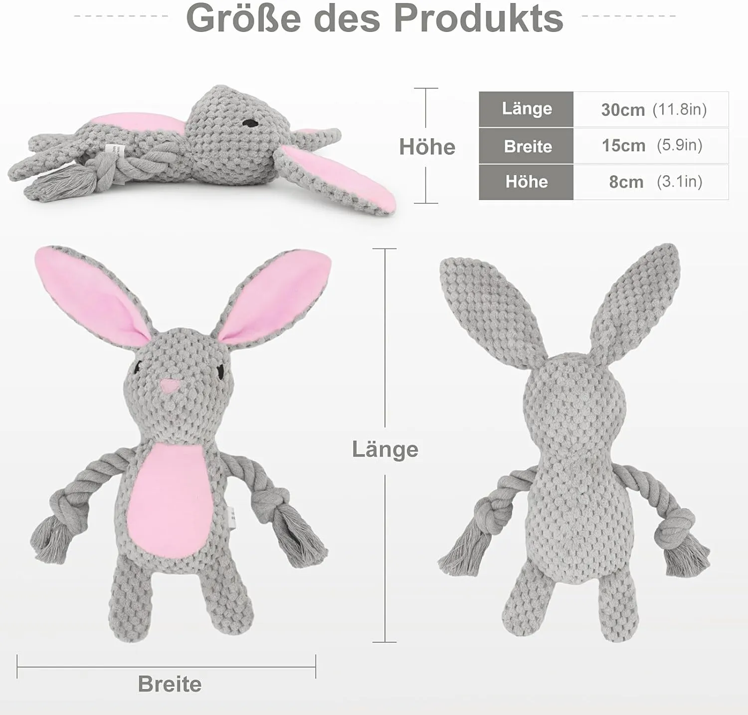 Dog Toys, Dog Squeaker Toys with Crinkle Paper, Stuffed Animal Dog Plush Chewing Toy, Cotton Rope Interactive Toys for Puppy, Small, Middle Dogs (Gray Rabbit)