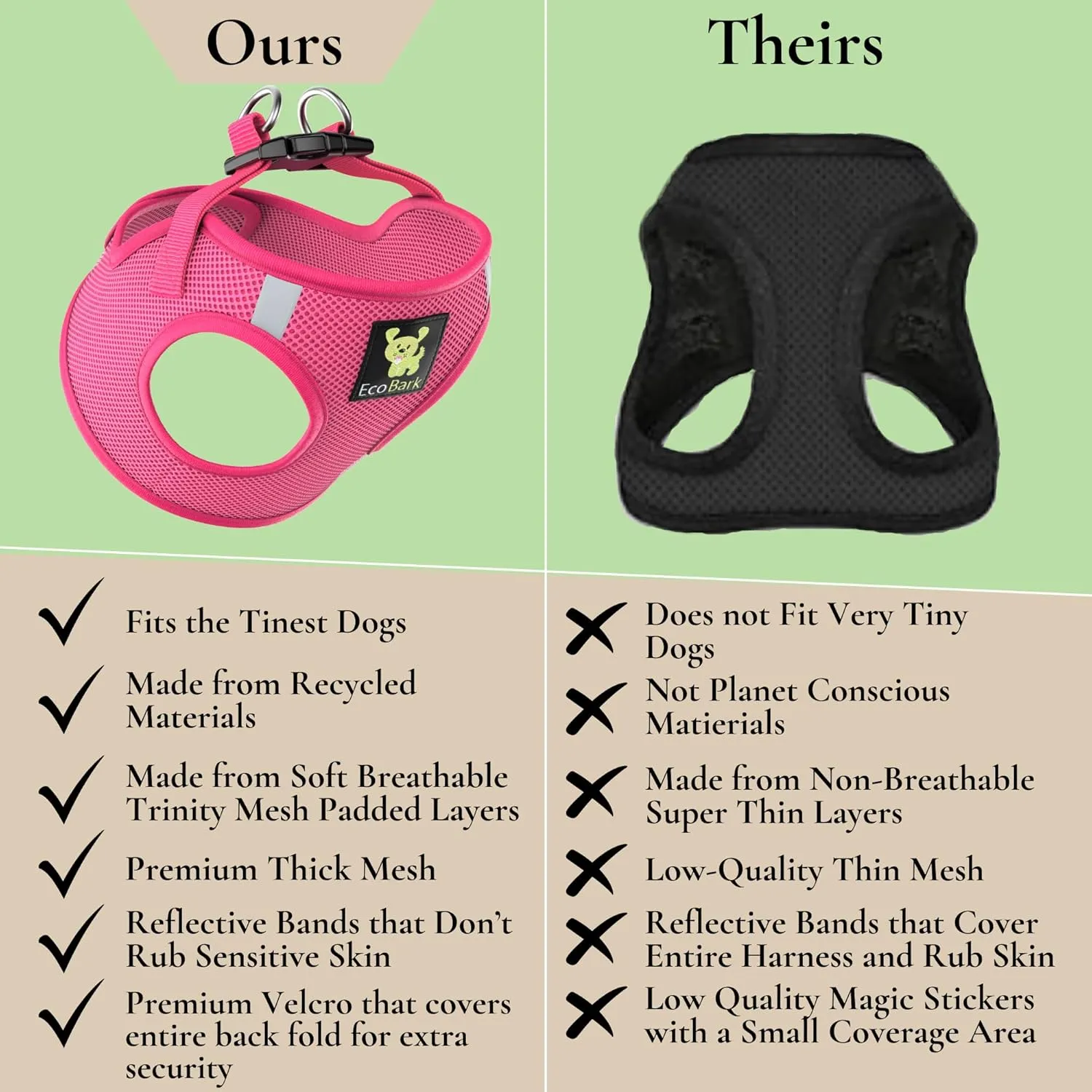 EcoBark Pink XXXS Dog Harness, Soft Mesh No Pull Mini Body Halter for Toy Breeds up to 10in, Escape Proof, Recycled Straps, Adjustable, Teacup Dog Harness Vest Under 5lbs