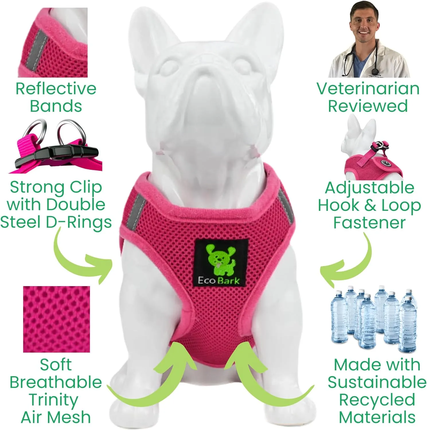 EcoBark Pink XXXS Dog Harness, Soft Mesh No Pull Mini Body Halter for Toy Breeds up to 10in, Escape Proof, Recycled Straps, Adjustable, Teacup Dog Harness Vest Under 5lbs