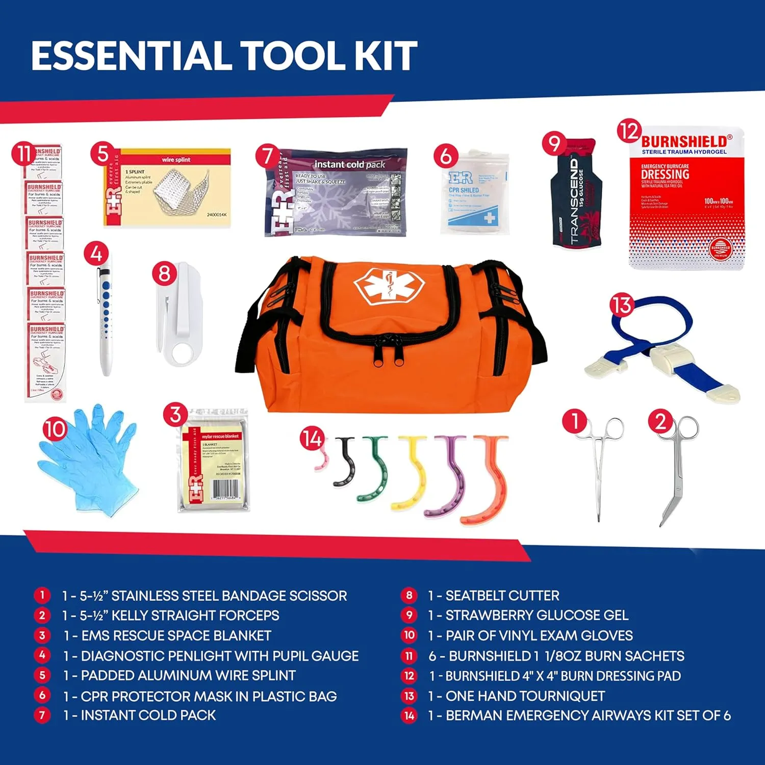 Ever Ready First Aid EMS First Responder Fully Stocked Trauma First Aid Kit  Orange