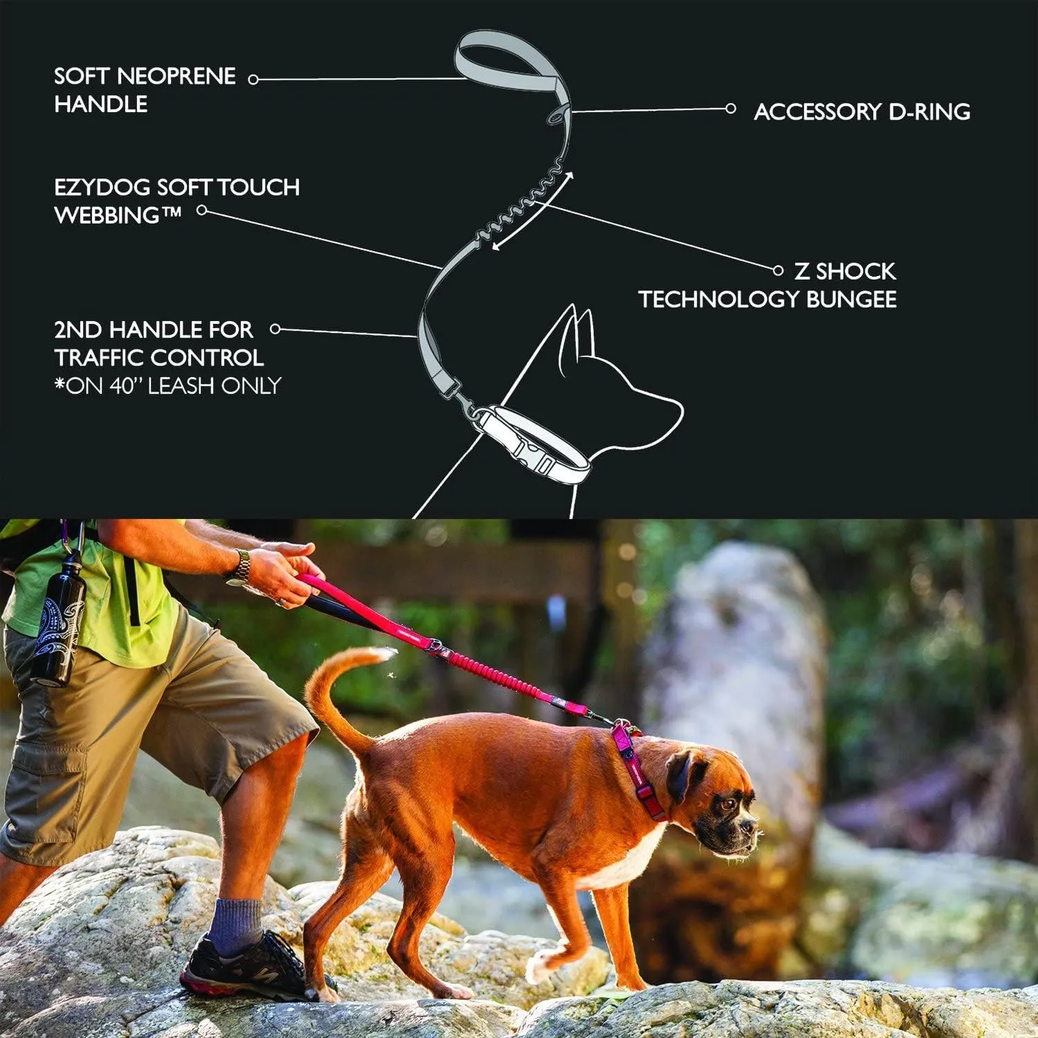 EzyDog Zero Shock Dog Leash - Shock Absorbing Bungee Leash For Dogs That Pull or Excite - Dual Handle and Reflective For Large, Medium, or Small Dogs (48-inch, Blue)