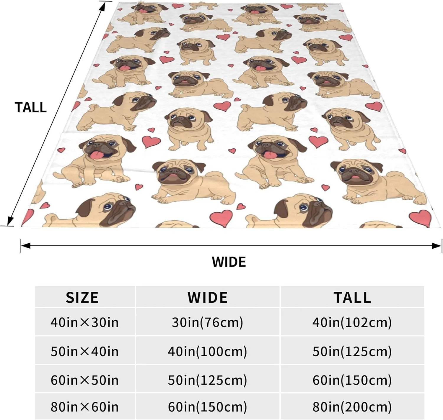 Flannel Fleece Throw Blanket, Fun Cartoon Pug Lightweight Throw Blanket, Travel Blanket Cozy Plush Warm Blankets for Bedroom Living Rooms Sofa Beds Office 60x50 Inch