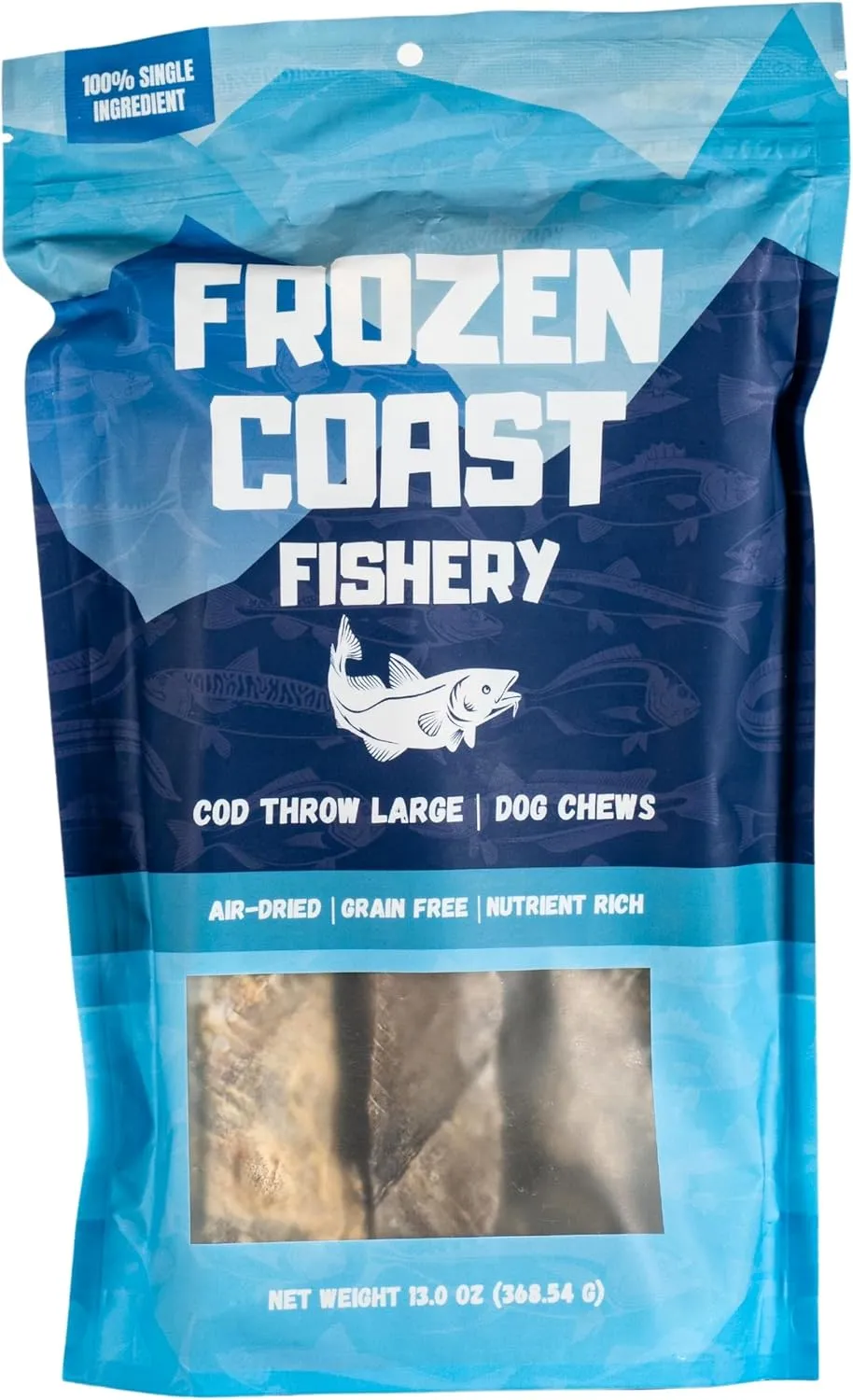 Frozen Coast Cod Throw Large Cod Skin Dog Chews, Wild-Caught, All-Natural-Air-Dried, High-Protein, Omega-3s, Grain-Free (5-Pack)