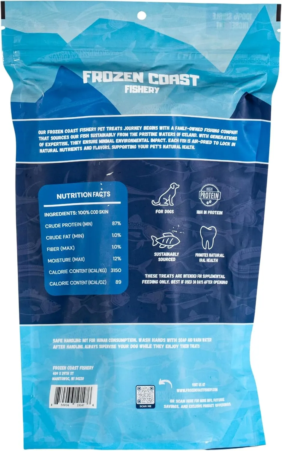 Frozen Coast Cod Throw Large Cod Skin Dog Chews, Wild-Caught, All-Natural-Air-Dried, High-Protein, Omega-3s, Grain-Free (5-Pack)