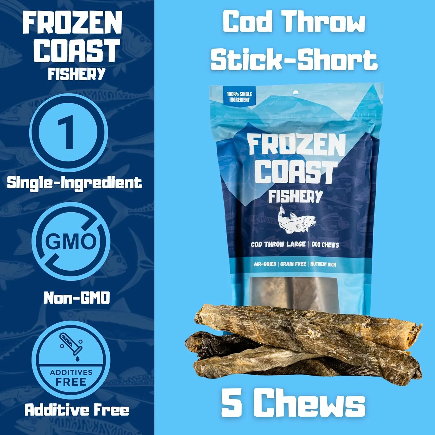 Frozen Coast Cod Throw Large Cod Skin Dog Chews, Wild-Caught, All-Natural-Air-Dried, High-Protein, Omega-3s, Grain-Free (5-Pack)