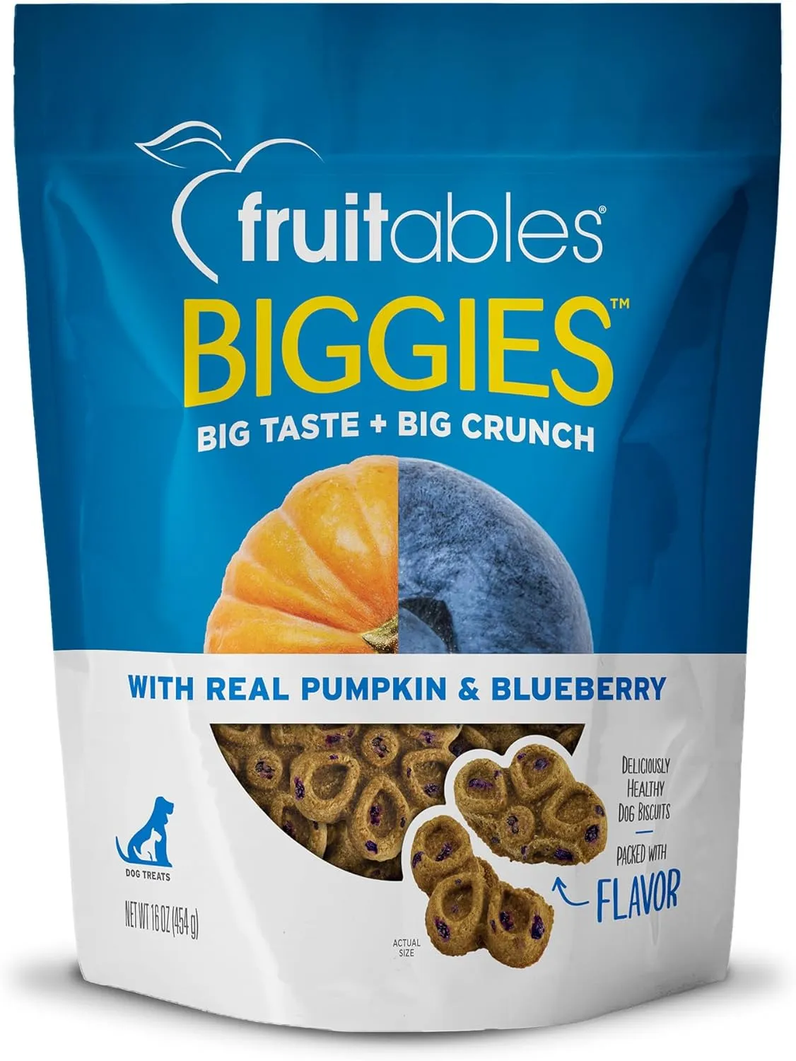Fruitables Biggies Dog Biscuits Crunchy Dog Treats Packed with Real Fruit Flavor Free of Wheat, Corn and Soy Pumpkin & Blueberry 16 oz