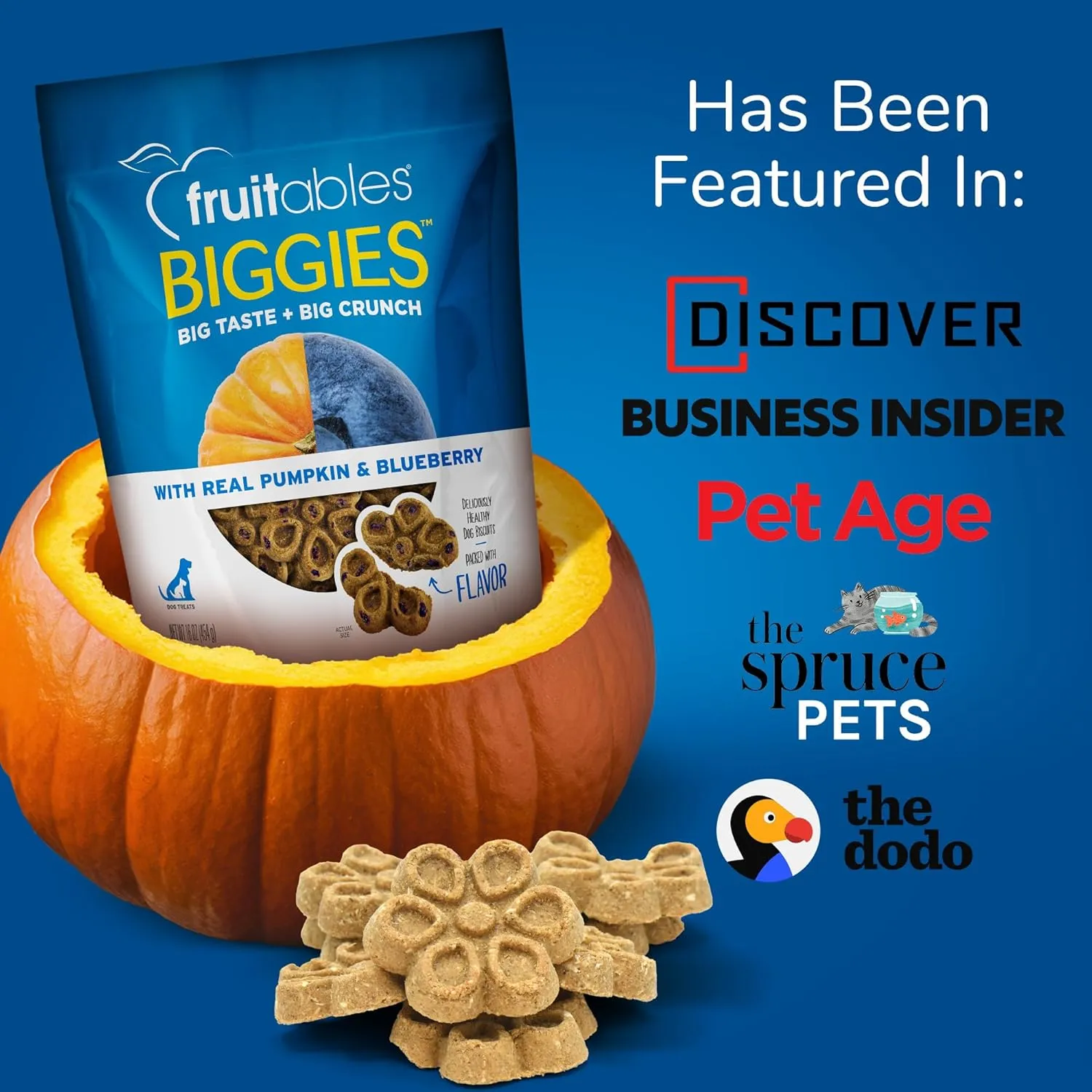 Fruitables Biggies Dog Biscuits Crunchy Dog Treats Packed with Real Fruit Flavor Free of Wheat, Corn and Soy Pumpkin & Blueberry 16 oz