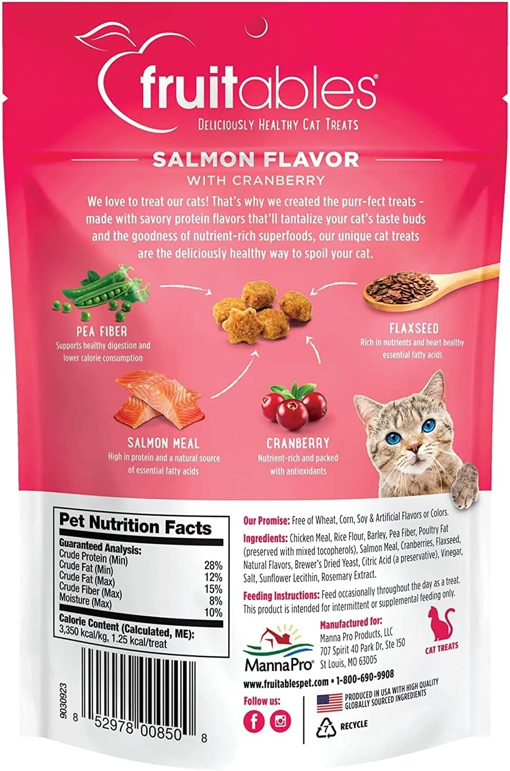 Fruitables Cat Treats, Healthy Treats For Cats, Low Calorie and Packed with Protein, Crunchy Biscuits, Free of Wheat, Corn and Soy, Made with Real Salmon and Cranberry, 2.5oz