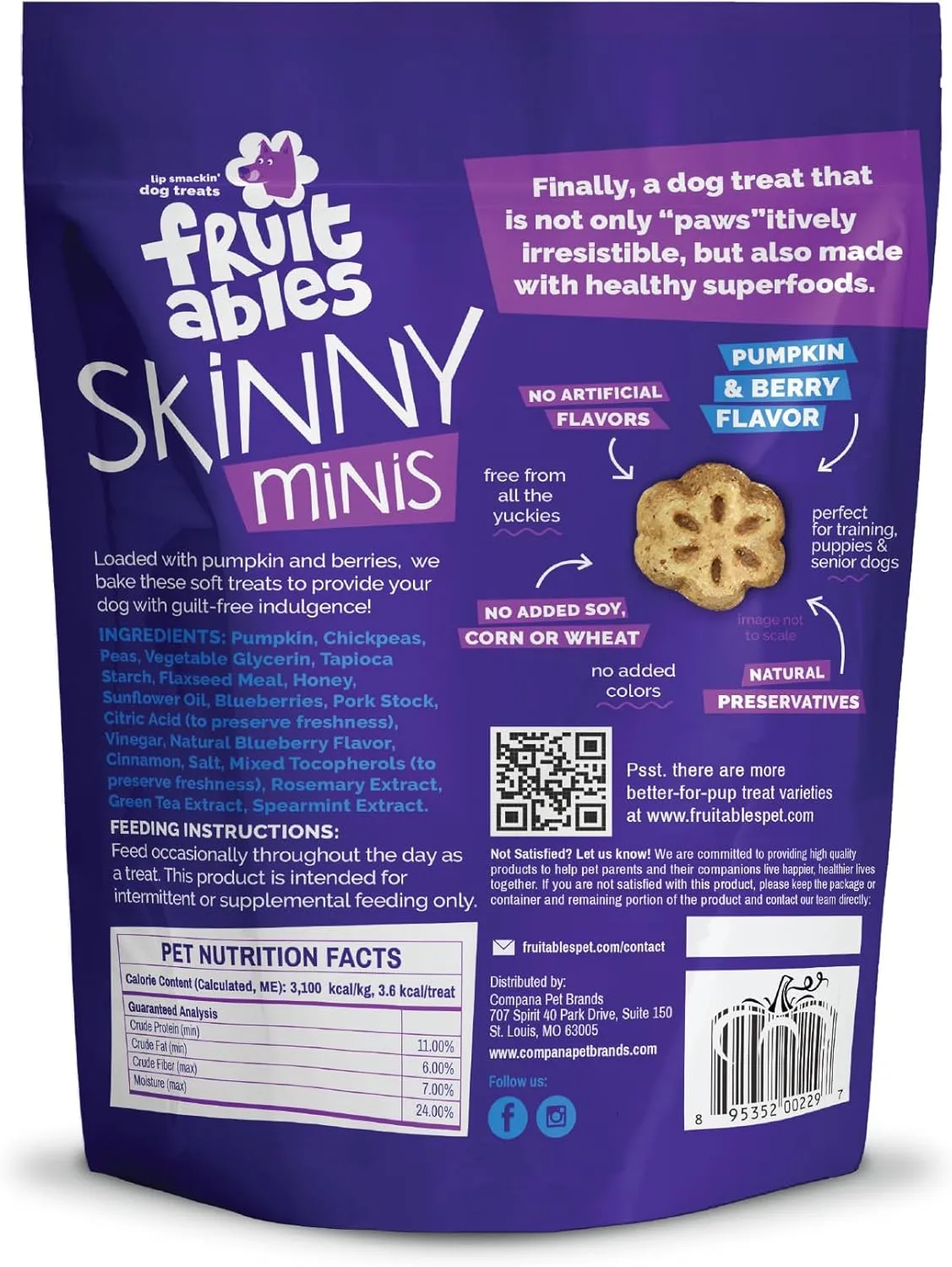 Fruitables Skinny Mini Dog Treats, Healthy Pumpkin Treat for Dogs, Low Calorie & Delicious, Puppy Training, Free of Wheat, Corn and Soy, Made in the USA, Pumpkin and Berry Flavor, 5oz