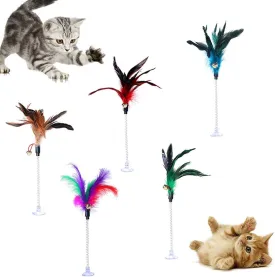 Funny Pet Cat Feather Bell Spring Suction Cup Elastic Playing Interactive Toy Cat Interactive Toys Indoor Random Color