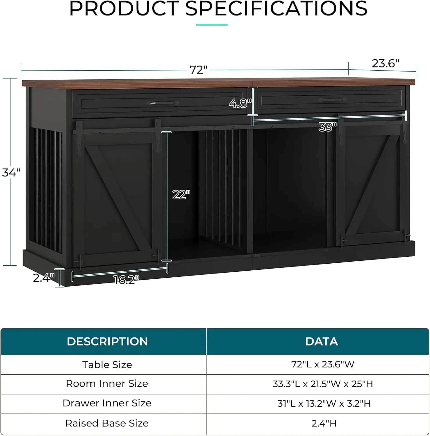 Furniture Style Dog Crate - Indoor Wooden Dog Kennel Furniture with 2 Sliding Barn Doors, 2 Drawers & Room Divider - 72" L x 23.6" W x 34" H - Black