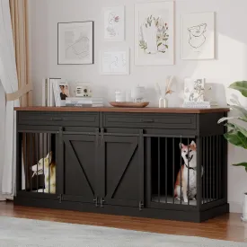 Furniture Style Dog Crate - Indoor Wooden Dog Kennel Furniture with 2 Sliding Barn Doors, 2 Drawers & Room Divider - 72" L x 23.6" W x 34" H - Black