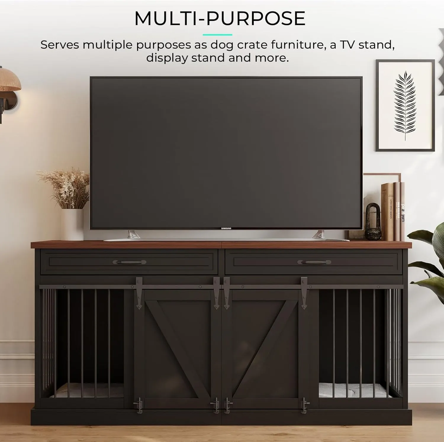 Furniture Style Dog Crate - Indoor Wooden Dog Kennel Furniture with 2 Sliding Barn Doors, 2 Drawers & Room Divider - 72" L x 23.6" W x 34" H - Black