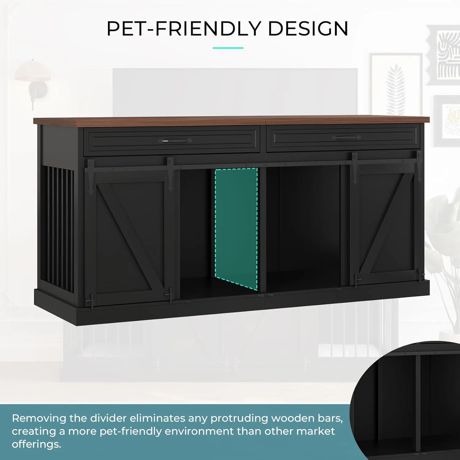Furniture Style Dog Crate - Indoor Wooden Dog Kennel Furniture with 2 Sliding Barn Doors, 2 Drawers & Room Divider - 72" L x 23.6" W x 34" H - Black