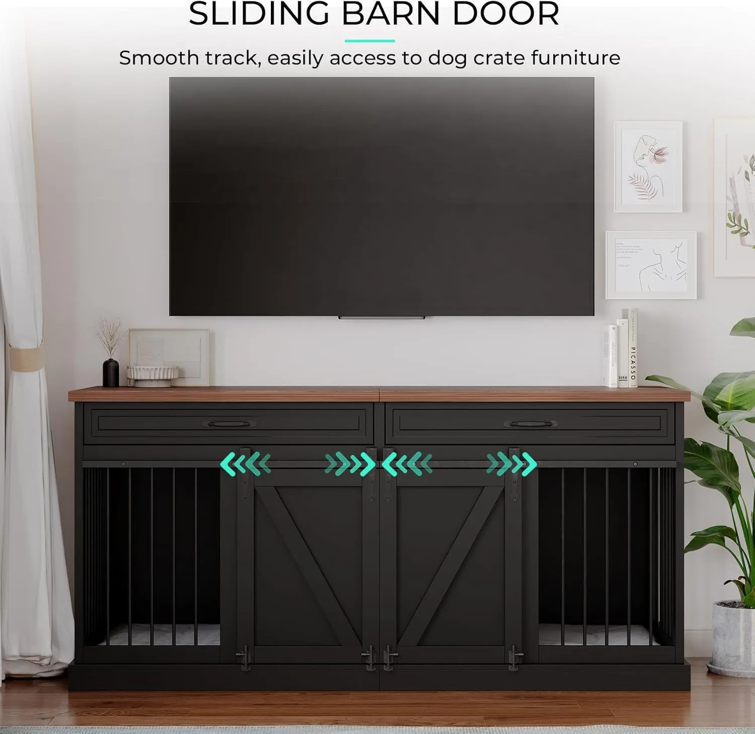 Furniture Style Dog Crate - Indoor Wooden Dog Kennel Furniture with 2 Sliding Barn Doors, 2 Drawers & Room Divider - 72" L x 23.6" W x 34" H - Black