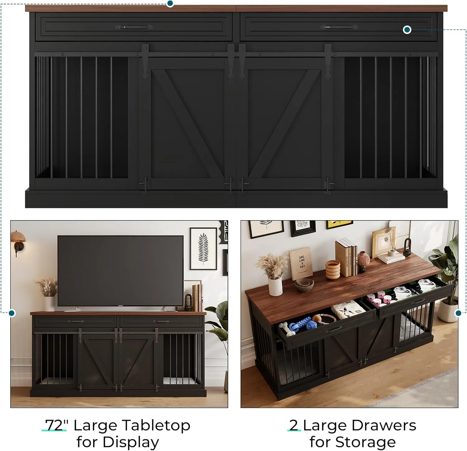 Furniture Style Dog Crate - Indoor Wooden Dog Kennel Furniture with 2 Sliding Barn Doors, 2 Drawers & Room Divider - 72" L x 23.6" W x 34" H - Black