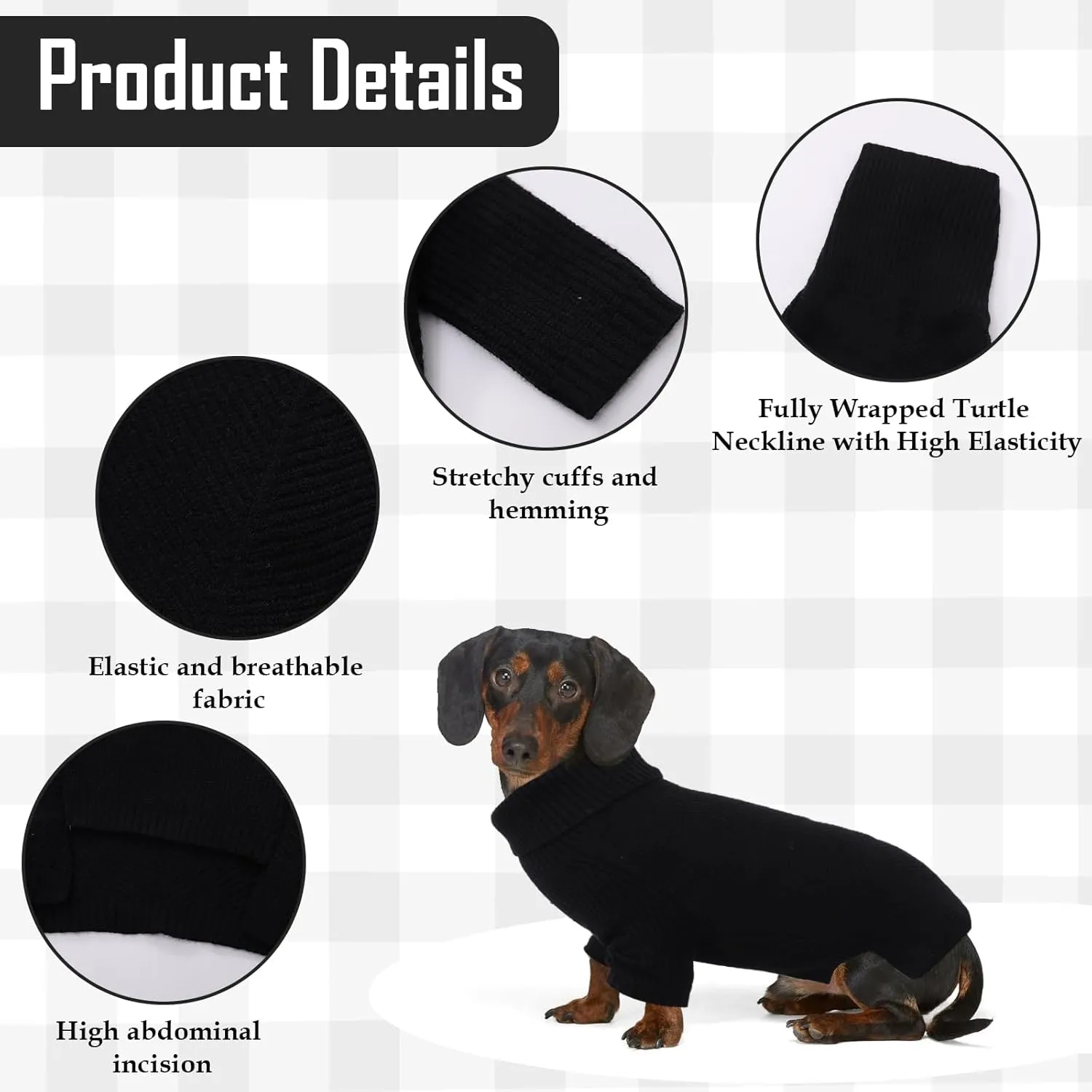 Geyecete Dachshund Turtleneck Sweater, Cold Weather Cable Knit Dog Pullover - Black, XS